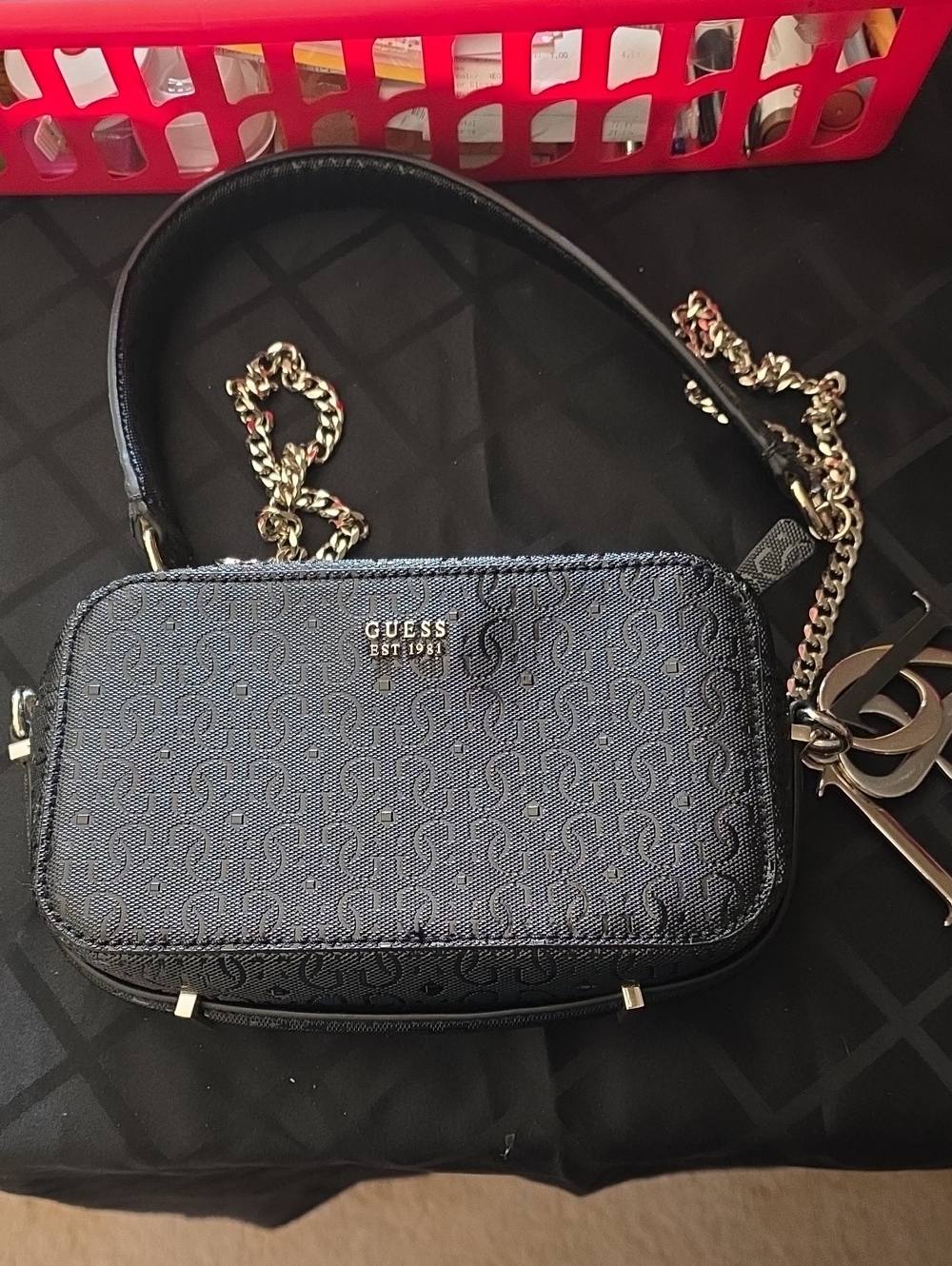 GUESS Black Logo Crossbody with Gold Chain Accents